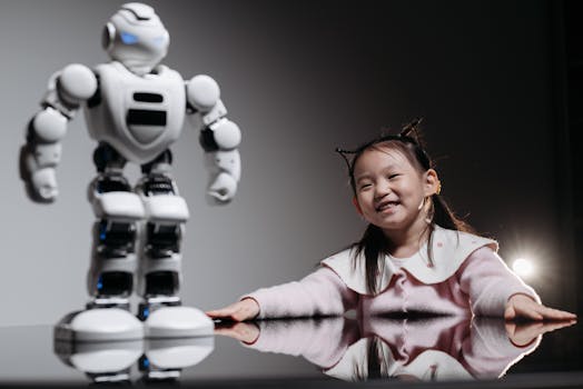 A joyful young girl engages with a high-tech robot toy indoors.