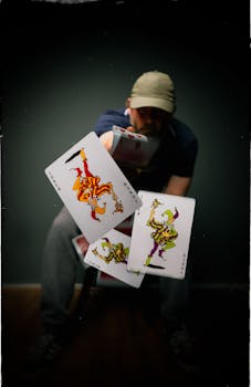 A man performing a card trick with joker cards levitating in midair, against a dark background.