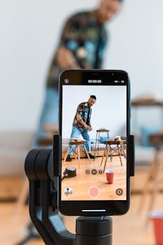 A person filming content using a smartphone and tripod setup indoors.