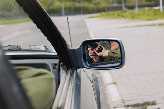 A person with a gun captured in the car's side mirror, suggesting a mysterious scenario.