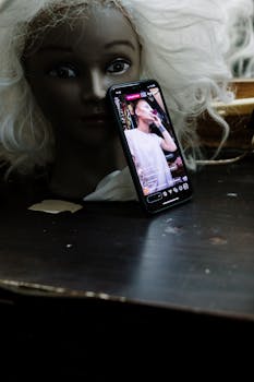 Close-up of a mannequin with a smartphone displaying a live makeup stream in a dim indoor setting.