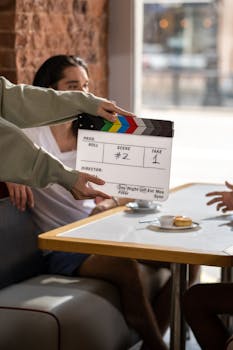 Film crew sets up with a clapperboard on a movie set, capturing a candid moment.