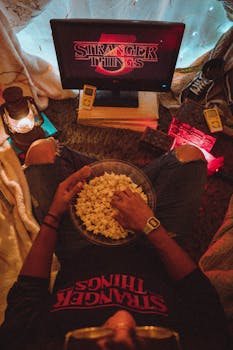 Person enjoying popcorn while watching Stranger Things in a cozy room setup.