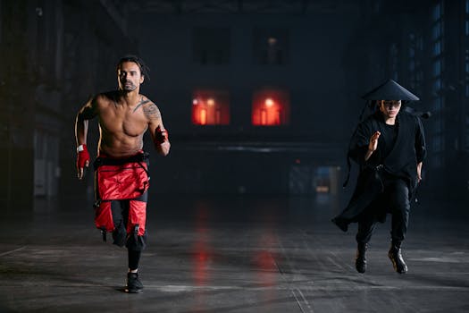 Two men in cosplay costumes running indoors, capturing a dramatic and intense scene.