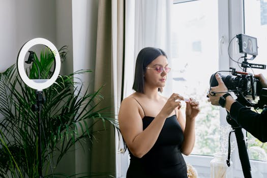 Woman filming a product review indoors with a camera and ring light.