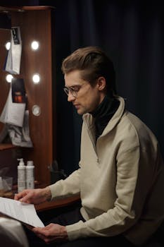 A male actor rehearsing his lines in a dimly lit dressing room.