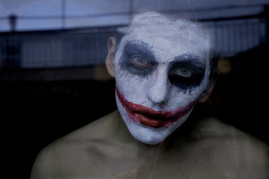 A man with joker-inspired face paint peers through a window, creating a spooky, eerie scene.