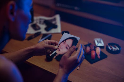 A person holds a photo in a dimly lit room, surrounded by objects suggesting mystery.