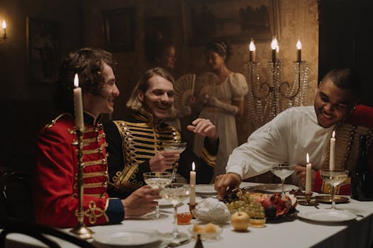 An elegant, historical dinner scene featuring people in period costumes enjoying a lavish feast by candlelight.