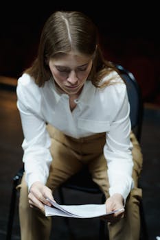 Focused young woman rehearsing her acting role on a stage, reading a script.